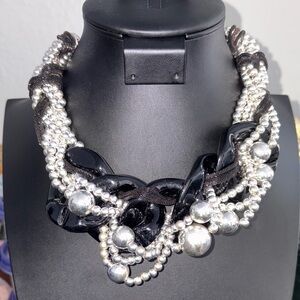 Traci Lynn Black and Silver Multi-Strand Statement Necklace